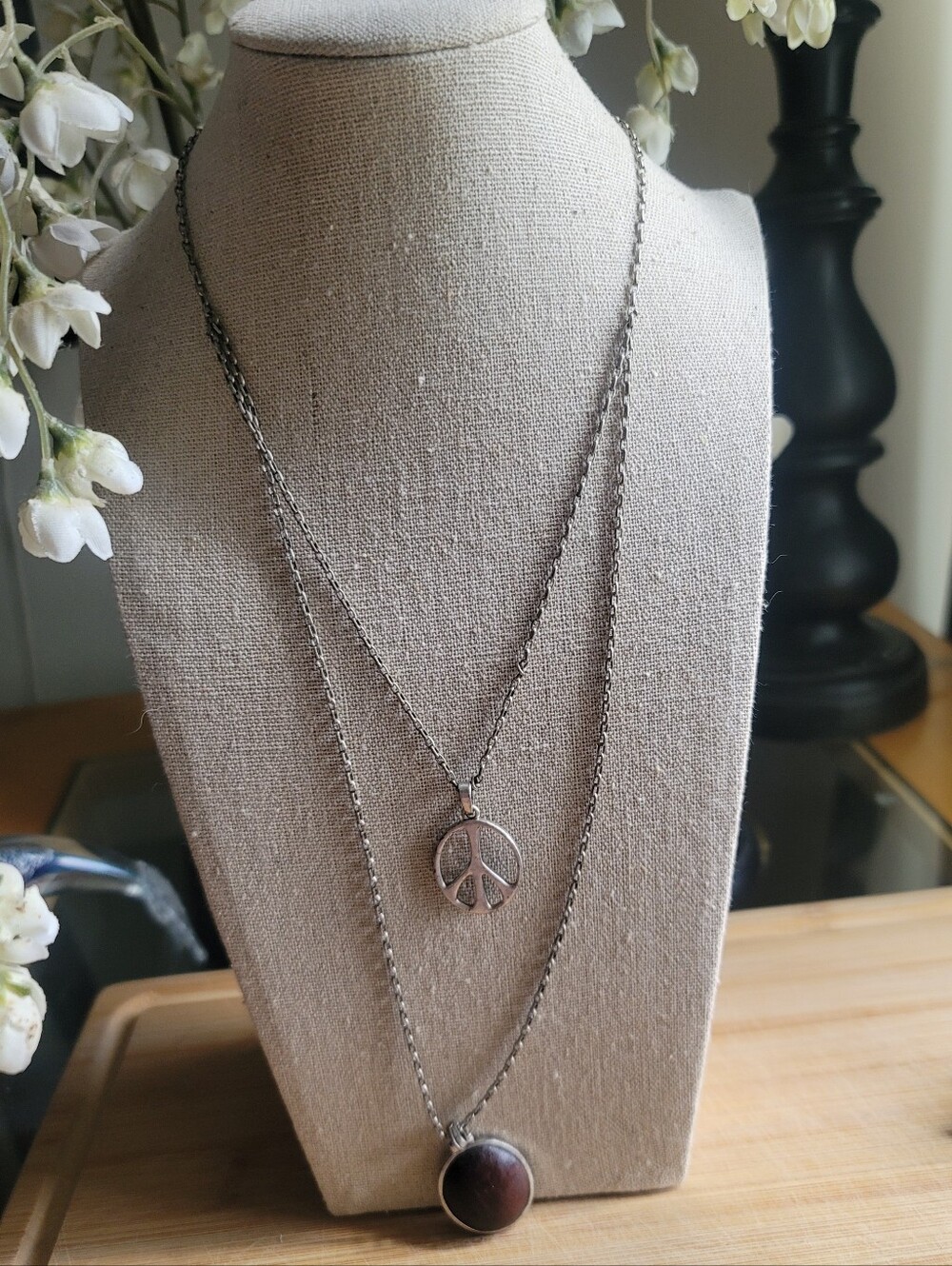 Lucky Brand Silver-Tone Layered Peace Sign and Wood Stone Necklace